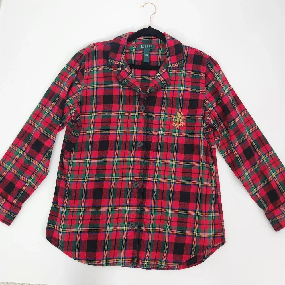 Lauren Ralph Lauren Womens Red Tartan Plaid Cotton Flannel Pajama Top size Large
